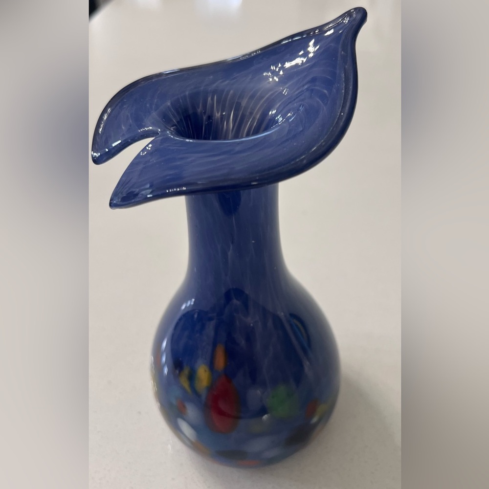 Vintage‎ Sweden Mantorp Blue Vase Flowered Top Multicolor Bottom Hand blown